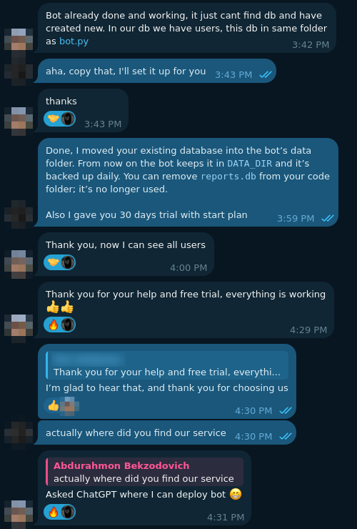 The conversation with the first user, from the bug report to "Asked ChatGPT where I can deploy bot"